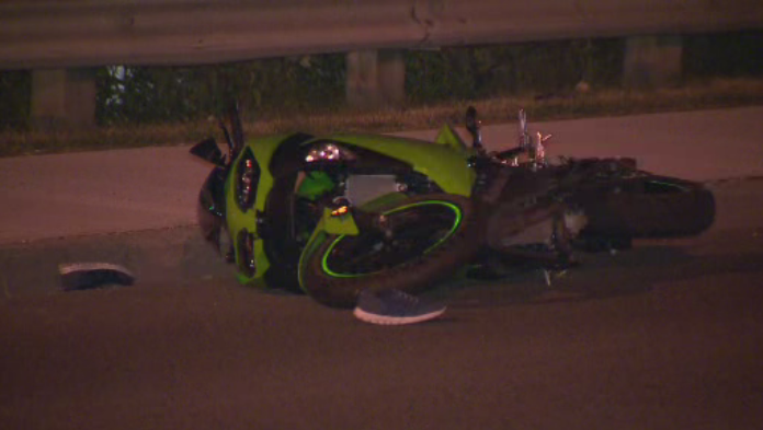 A damaged motorcycle at the scene of the crash in Scarborough late Monday.