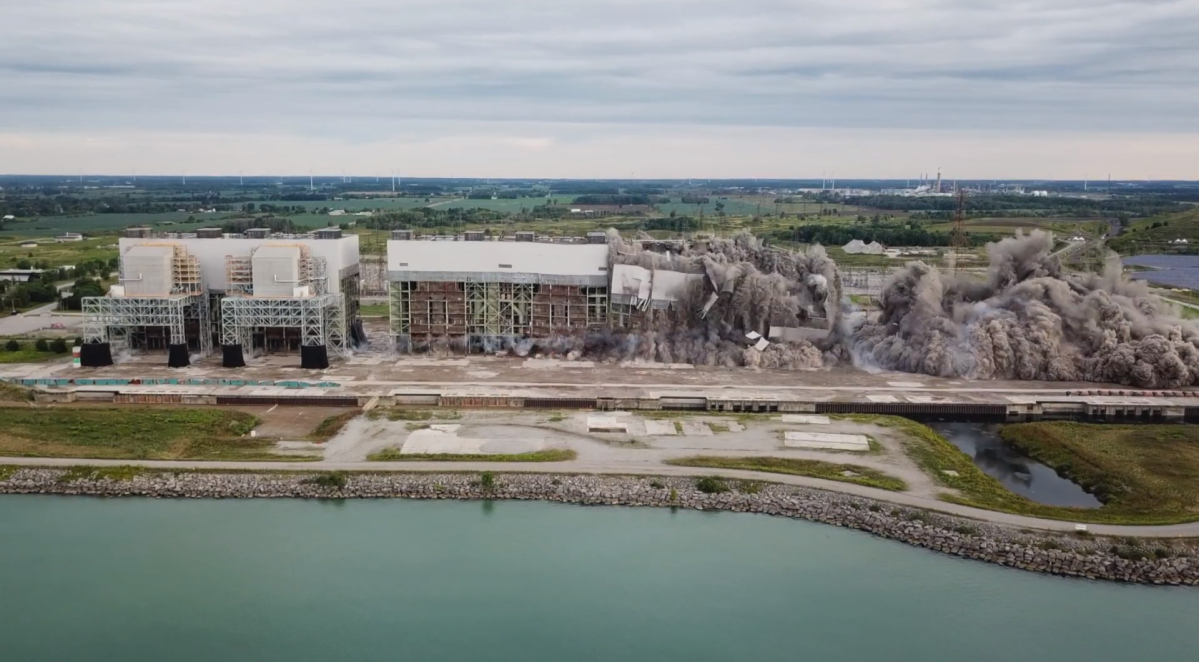 A former coal-fired plant at the former Nanticoke Generating Station was demolished on Thursday.