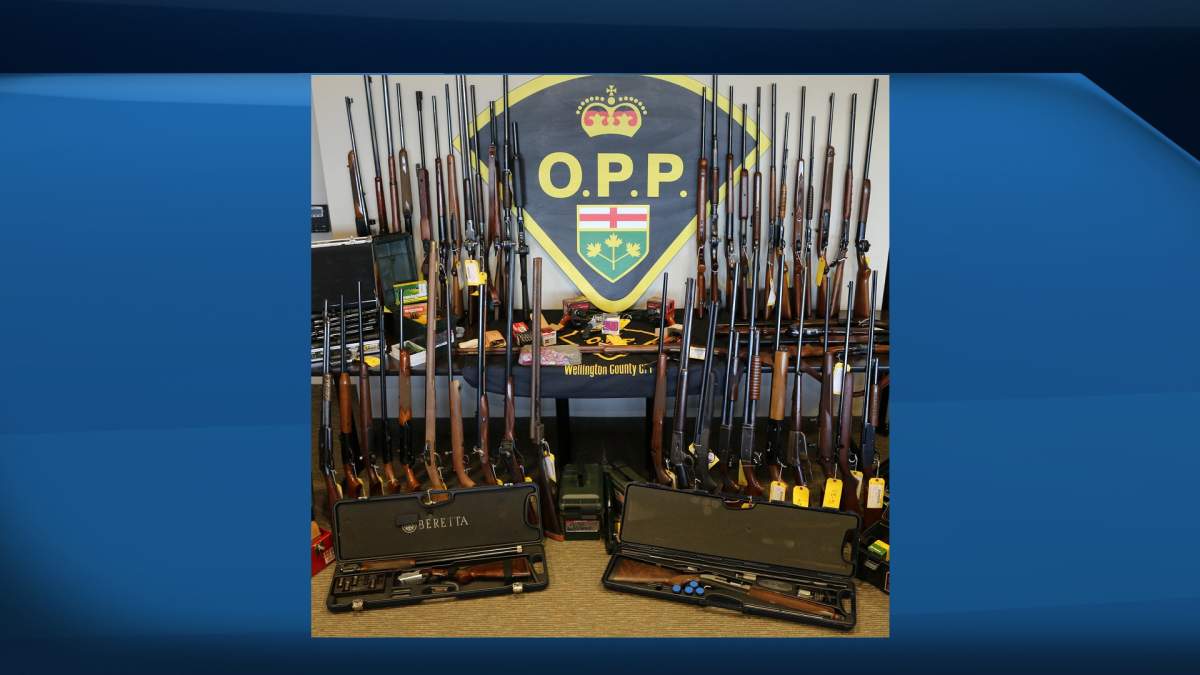 Wellington County OPP say 57 stolen guns have been found after carrying out three search warrants. 