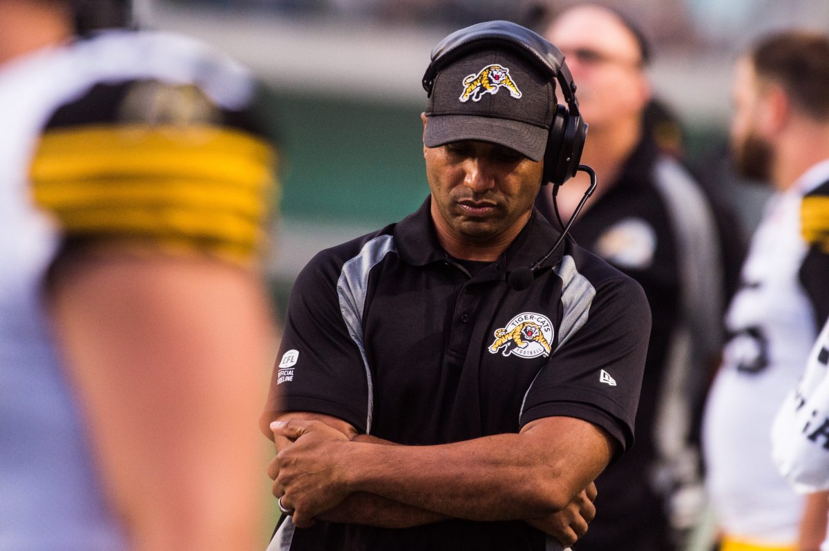 Hamilton Tiger-Cats head coach Orlondo Steinauer reacts to a play during first half CFL action against the Saskatchewan Roughriders in Regina on Thursday, August 1, 2019.