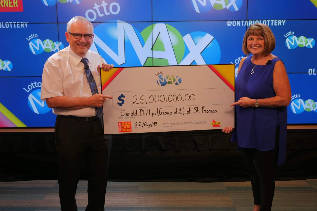 Gerry and Helen Phillips proudly posing with their gigantic cheque at Toronto’s OLG Prize Centre.
