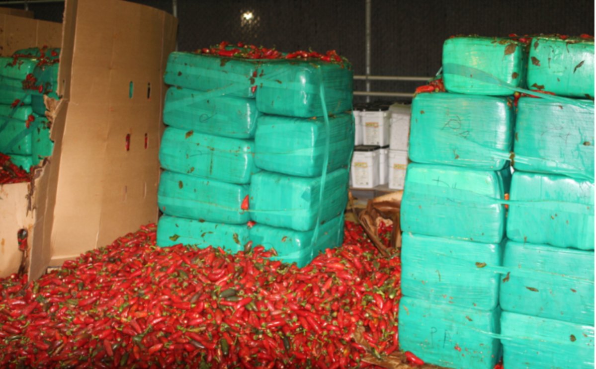 About 3,400kg of marijuana was discovered in a shipment of jalapenos from Mexico.
