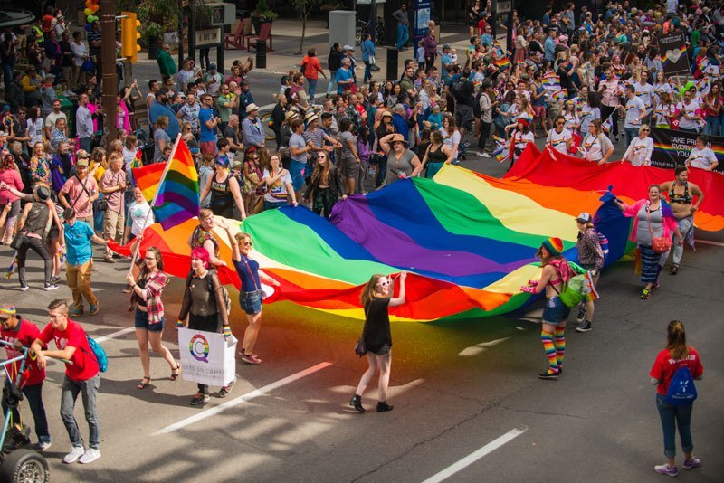 Thousands of people celebrate Calgary's Pride Parade. 