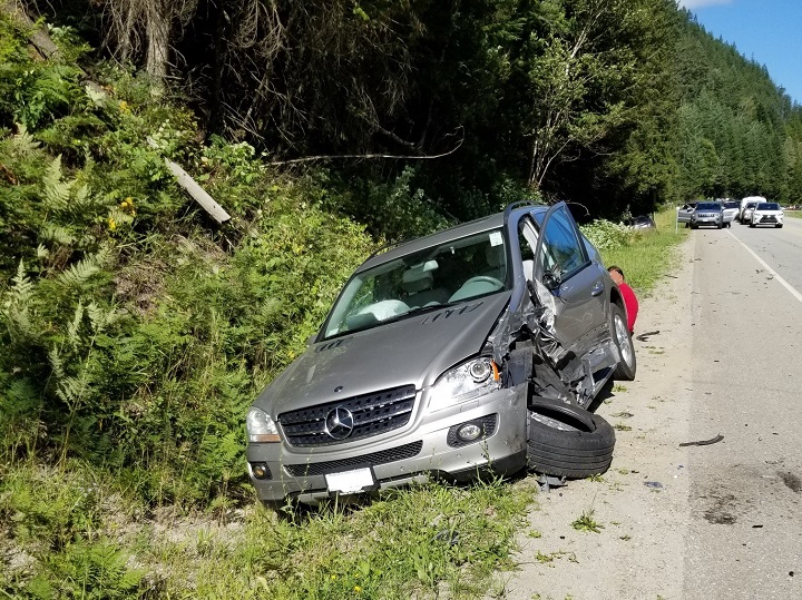 The front end of this Mercedes was seriously damaged following a collision along the Trans-Canada Highway on Thursday.