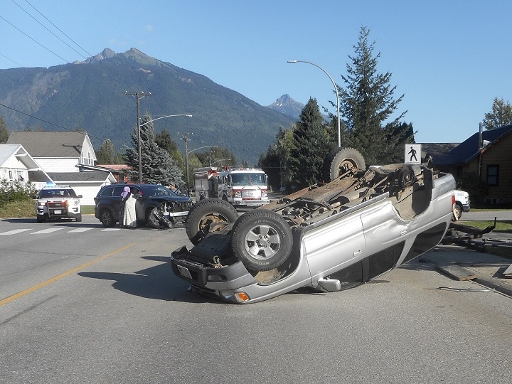 An SUV wound up on its roof following an intersection collision in Revelstoke on Thursday afternoon.