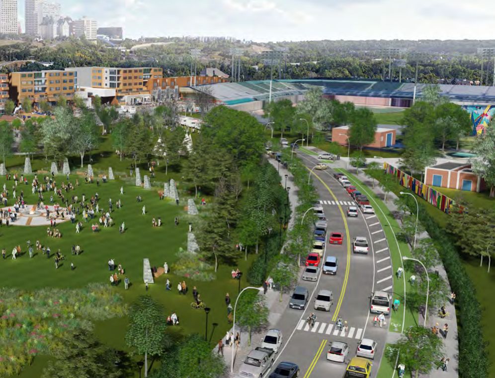 Rendering from the City of Edmonton’s River Crossing Project plan for changes to Rossdale Road.