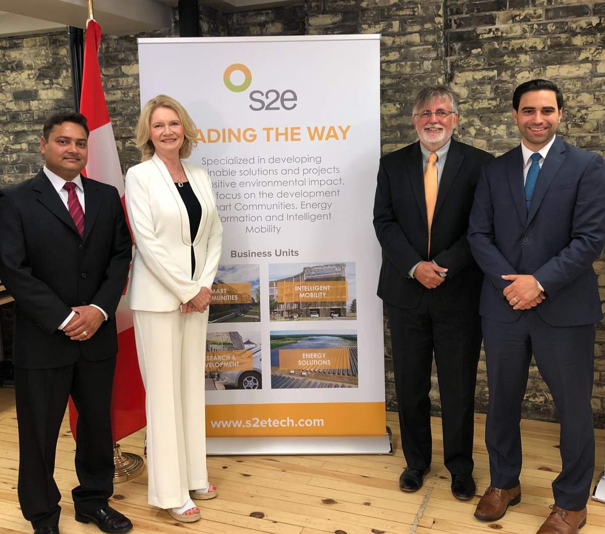 From left to right: Ady Vyas, s2e Technologies VP of Energy and Mobility Solutions, London West MP Kate Young, s2e Technlogies CEO Milfred Hammerbacher, and London North Centre MP Peter Fragiskatos. 