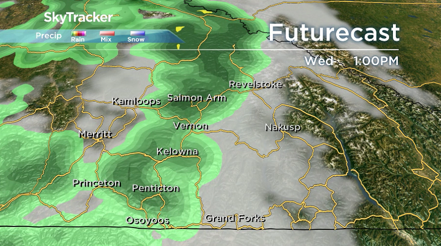 Showers slide into the Okanagan on Wednesday along a cold front pressing through the province.