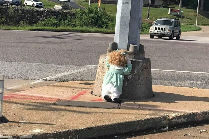 A doll leans against a light post in Festus, Mo., in this photo uploaded on Aug. 13, 2019.