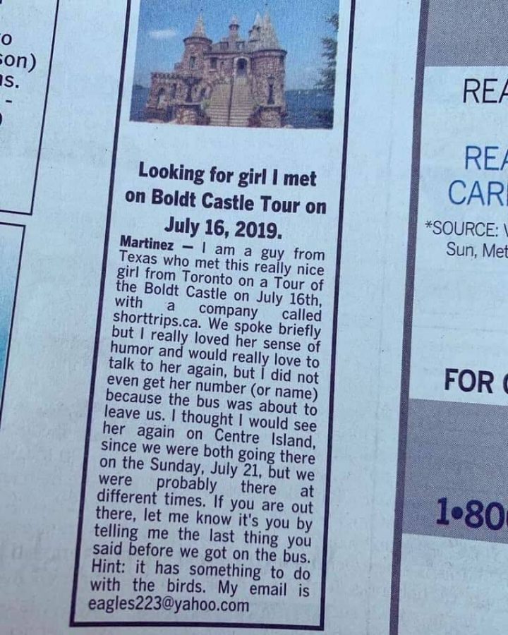 Arturo Martinez's ad in a local Toronto newspaper in search of "really nice girl from Toronto.".