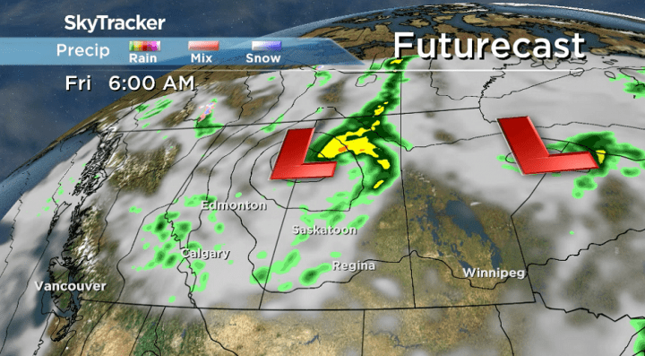 The next low pressure system brings in clouds and a good chance of showers during the day on Friday.