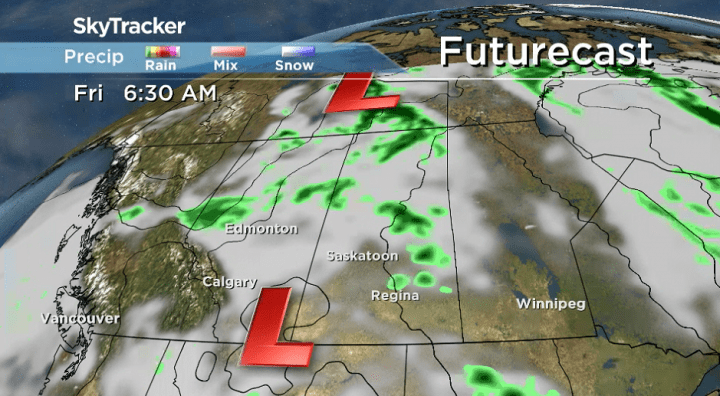 The next system building into Saskatchewan on Friday will bring back clouds.