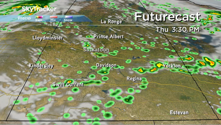 There is a chance of a shower and risk of a thunderstorm on Thursday afternoon in Saskatoon and Regina.
