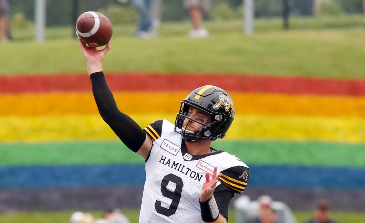 Hamilton Tiger-Cats quarterback Dane Evans (9) warms up before CFL action against the Ottawa Redblacks in Ottawa on Saturday, August 17, 2019. 
