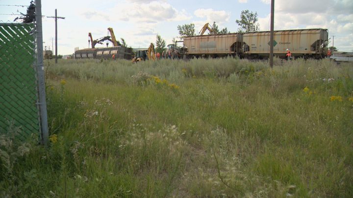 Crews were still cleaning up the material and derailed cars late in the afternoon of Aug. 14, 2019.