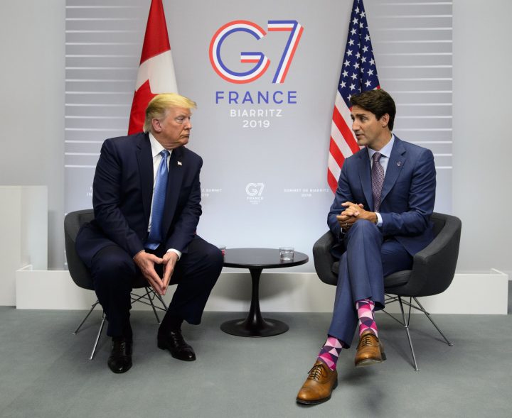 Prime Minister Justin Trudeau takes part in a bilateral meeting with U.S. President Donald Trump during the G7 Summit in Biarritz, France, on Sunday, Aug 25, 2019.