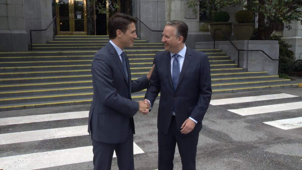 Prime Minister Justin Trudeau and Vancouver Mayor Kennedy Stewart shake hands ahead of a meeting at Vancouver City Hall on Friday, Aug. 30, 2019. 