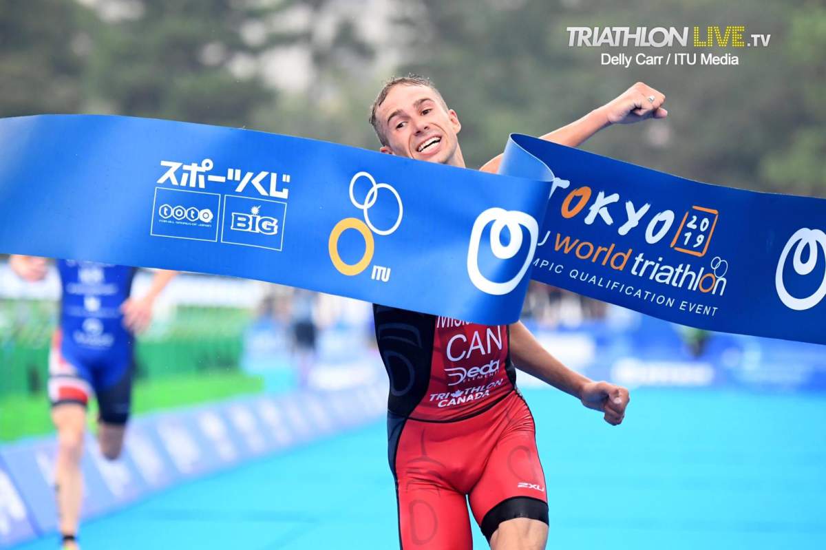 Oak Bluff, Manitoba's Tyler Mislawchuk crosses the finish line first in Tokyo at a Triathlon World Series Olympic Test event. Photo Credit: Delly Carr-ITU Media .