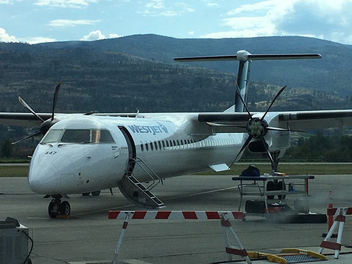 WestJet says this Q400 aircraft was grounded for maintenance after it struck a flock of geese just before landing in Penticton on Tuesday night.