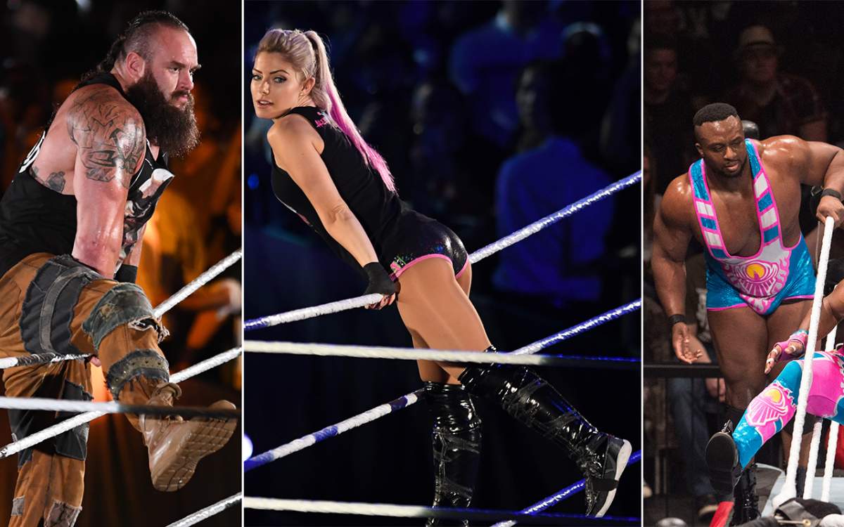 (L-R) Braun Strowman, Alexa Bliss and Big E.