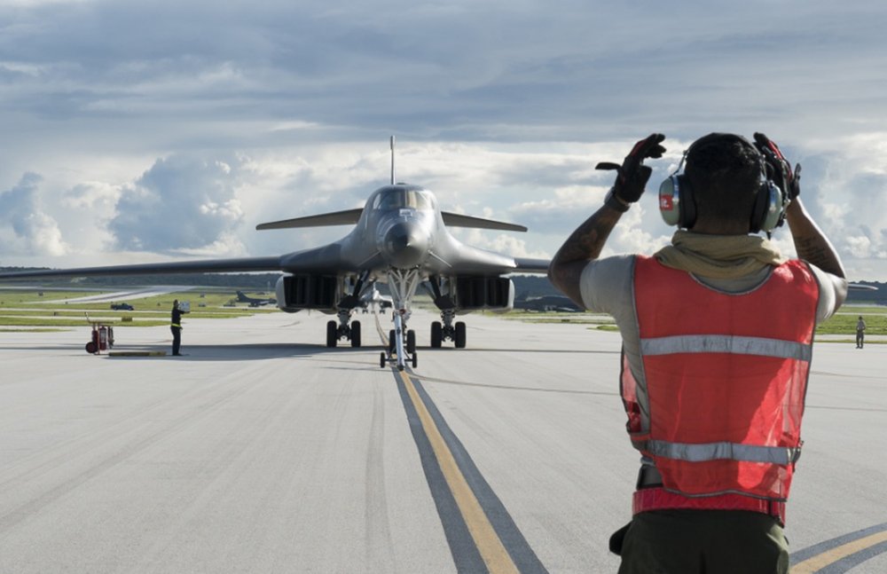 FILE - In this file photo provided by the U.S.Air Force, taken July 26, 2017, a U.S. Air Force B-1B Lancer arrives at Andersen Air Force Base, Guam. 