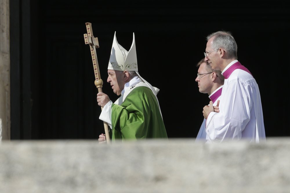 Pope Francis celebrates Mass on the occasion of the Migrant and Refugee World Day, in St. Peter's Square, at the Vatican, Sunday, Sept. 29, 2019.
