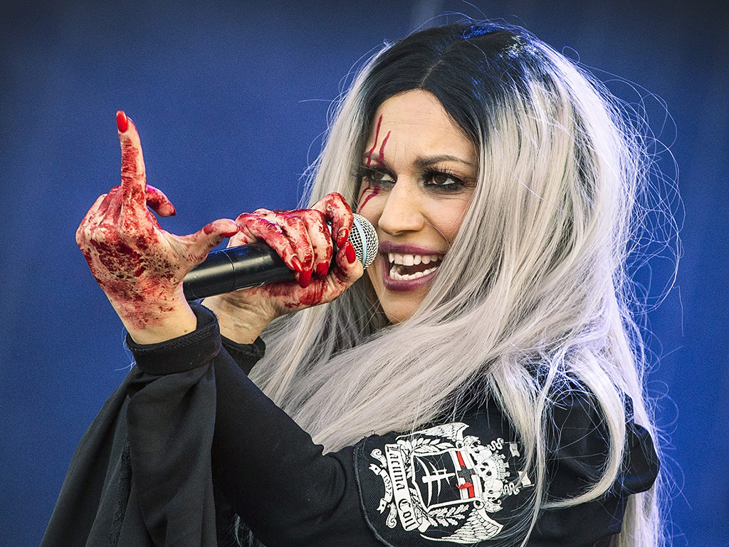 Lacuna Coil performs during the Sweden Rock Festival in Norje, outside Solvesborg in southern Sweden, on June 9, 2018.