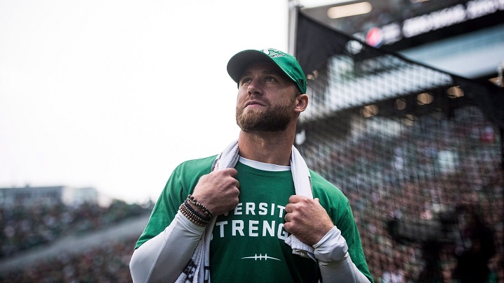 Saskatchewan Roughriders wide receiver Rob Bagg (6) looks on during first half CFL action against the Calgary Stampeders, in Regina on Aug. 19, 2018. 