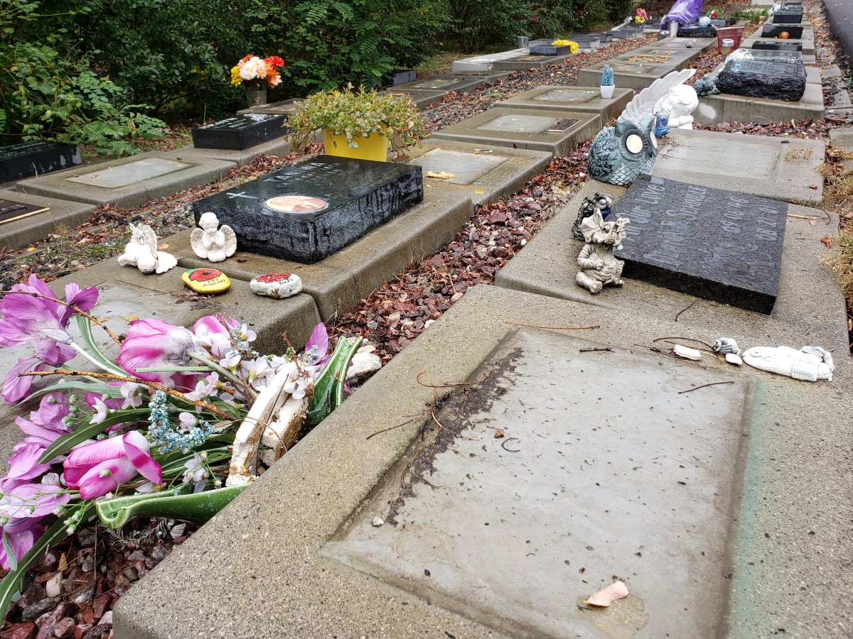 Dozens of grave markers were stolen from a West Kelowna cemetery. 