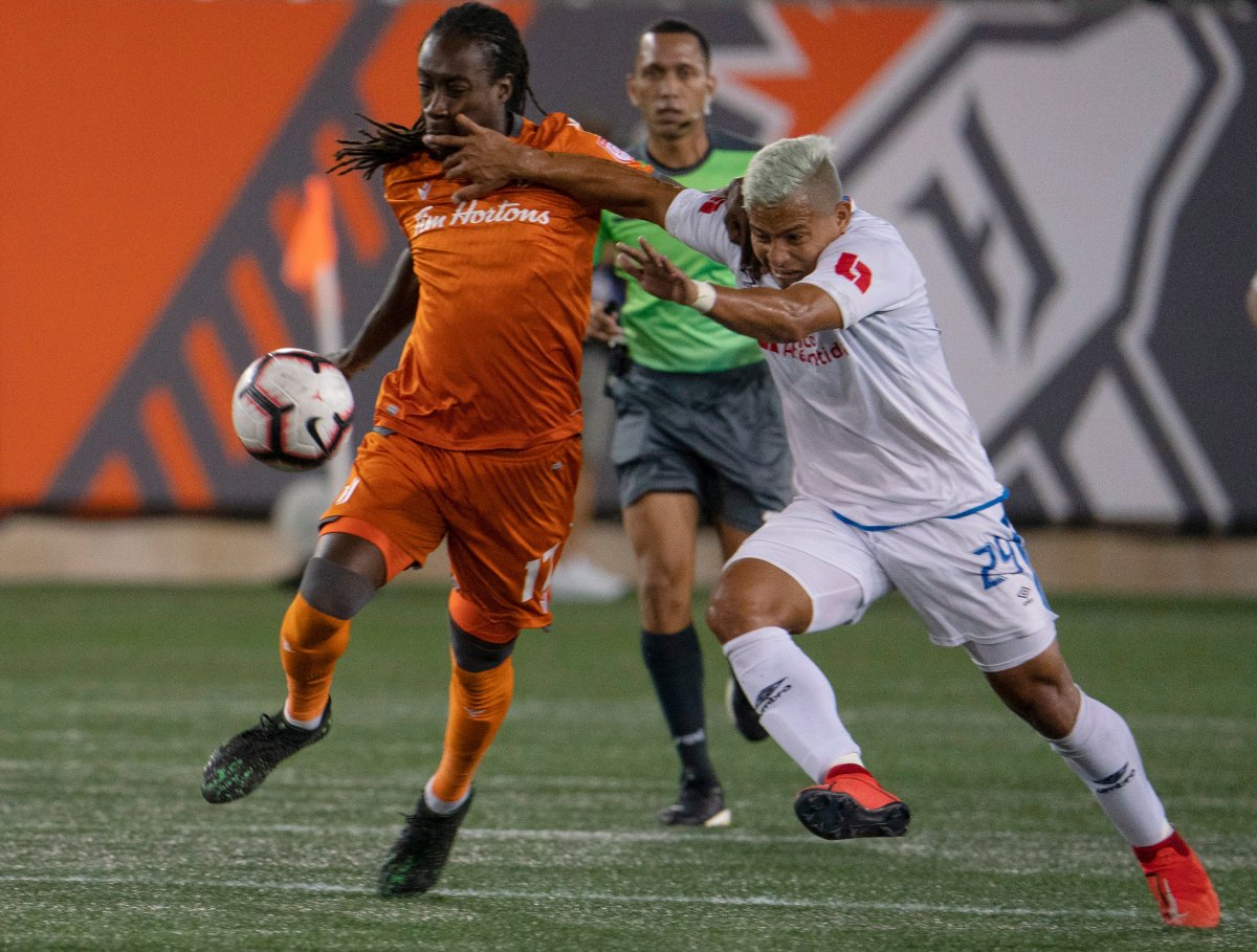 Hamilton Forge FC's Fadell Thomas battles against CD Olimpia during Scotiabank CONCACAF League 2019 match.