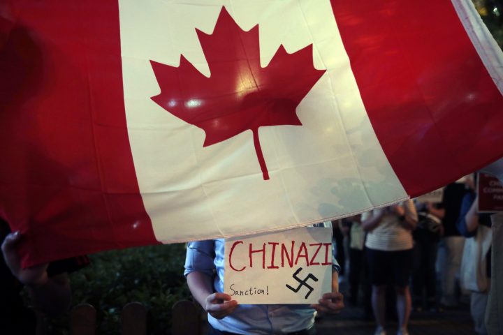 A pro-Hong Kong protester holds a sign while standing behind a Canadian flag during a gathering to honor a woman who suffered a serious eye injury in a recent protest, Friday, Aug. 30, 2019, in Hong Kong. 