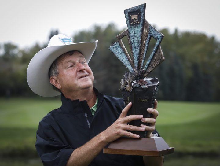 Wes Short Jr., of Austin, TX, celebrates winning the PGA Tour Champion's Shaw Charity Classic golf event in Calgary, Sunday, Sept. 1, 2019. 