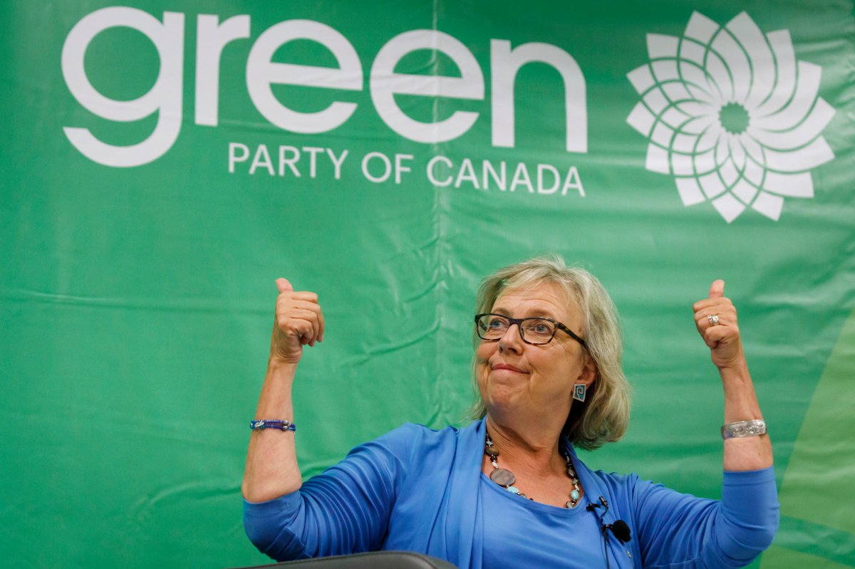 Green Party of Canada Leader Elizabeth May speaks in Toronto during a fireside chat about the climate, Tuesday, Sept. 3, 2019. 