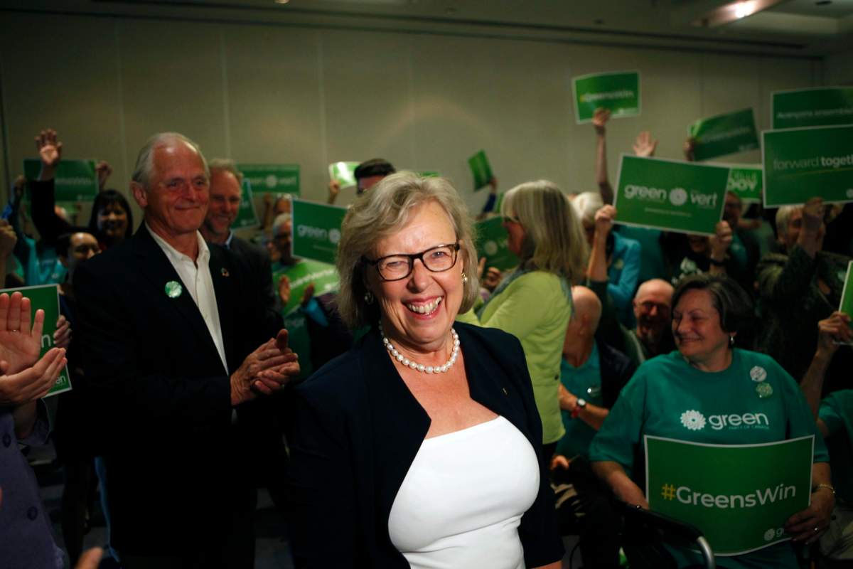 Green Party leader Elizabeth May arrives to announce the official launch of the Green Party of Canada election campaign as she's joined by green candidates during a press conference at the Delta Hotels Victoria Ocean Pointe Resort  in Victoria, B.C., on Wednesday, September 11, 2019. THE CANADIAN PRESS/Chad Hipolito.