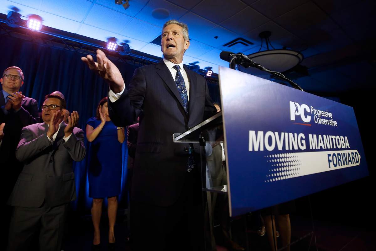 Manitoba PC Leader and Premier Brian Pallister celebrates winning the Manitoba election in Winnipeg, Tuesday, Sept. 10, 2019.