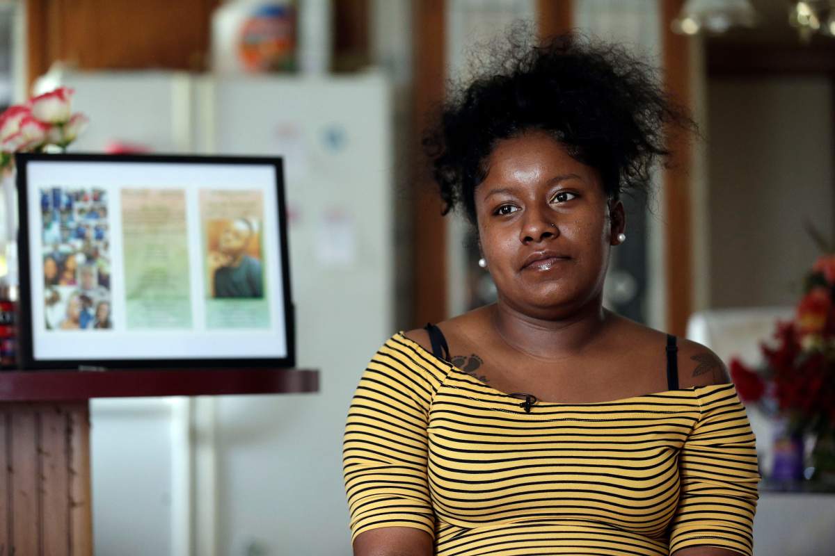 In this photo taken Tuesday, Aug. 6, 2019, Shania Aguirre, Avery Scurlock’s best friend responds during an interview in Lumber Bridge, N.C.