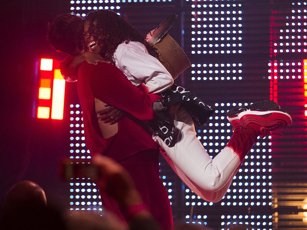 Haviah Mighty, right, reacts after winning the 2019 Polaris Music Prize in Toronto on Monday, Sept.16, 2019.
