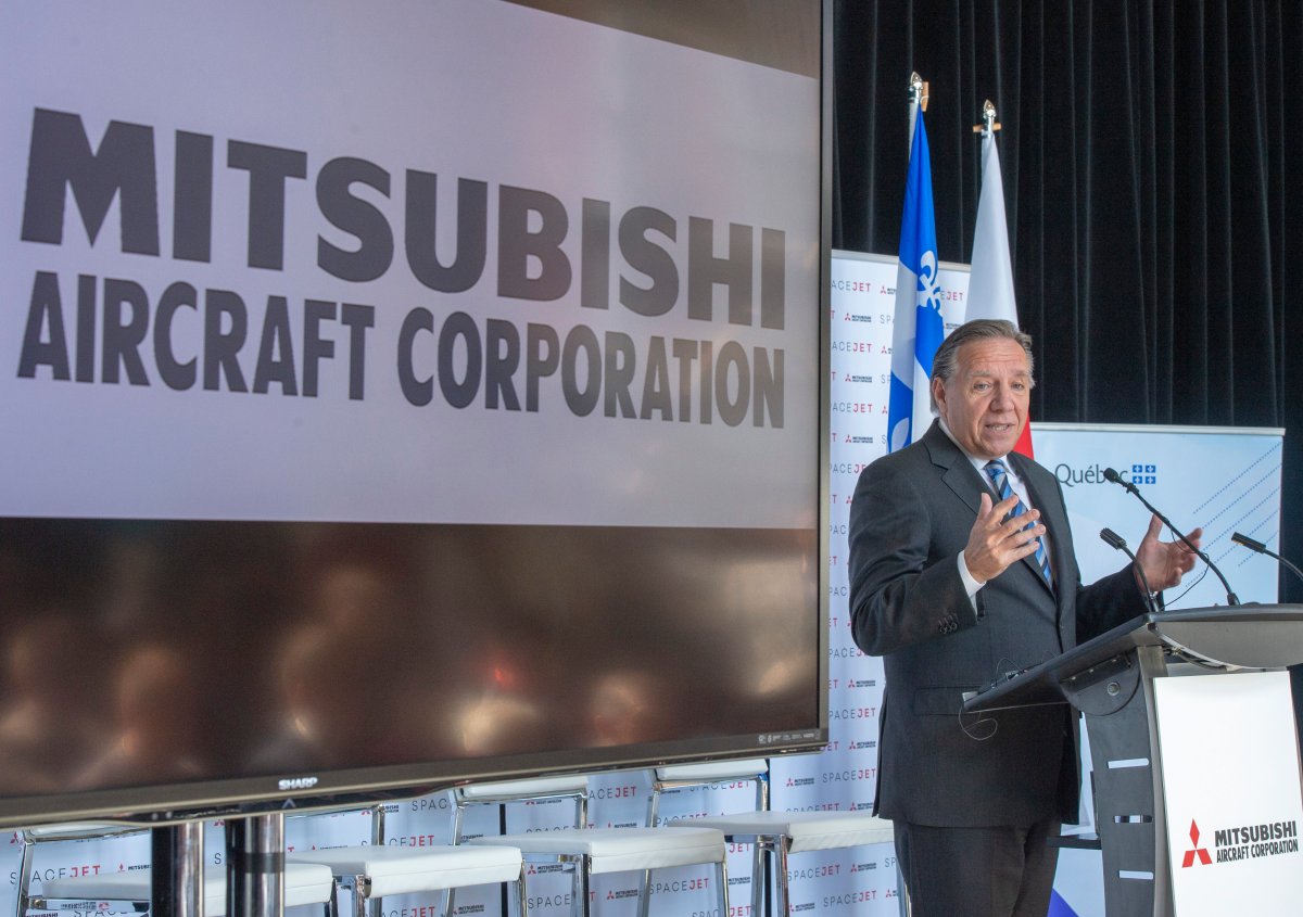 Quebec Premier Francois Legault speaks at a news conference Thursday, September 19, 2019 in Montreal. Mitsubishi Aircraft is creating up to 250 jobs to help in the production of its next-generation Spacejet plane, set be launched in 2023.