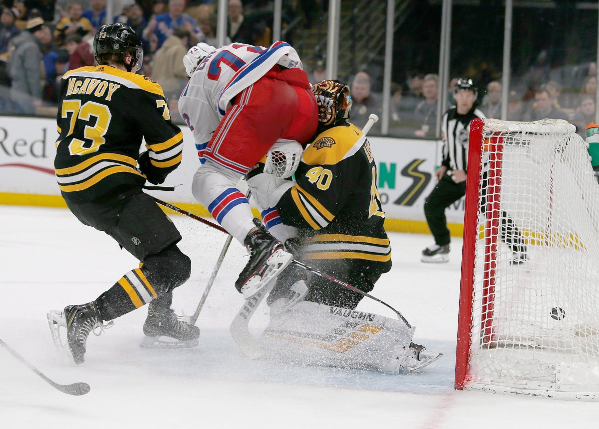 FILE - In this Jan. 19, 2019, file photo, New York Rangers center Filip Chytil (72) collides with Boston Bruins goaltender Tuukka Rask (40) as he scores a goal during the first period of an NHL hockey game in Boston.