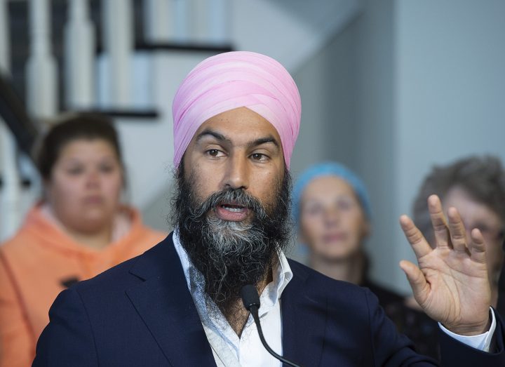 NDP Leader Jagmeet Singh makes a healthcare announcement during a campaign stop in Bathurst, N.B. on Monday, Sept. 23, 2019. 