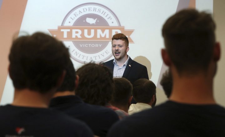 Rylee Cupp, University of Akron's College Republican president welcomes students from area colleges and universities at the start of a Trump Victory voter registration training at the UA's Student Union in Akron, Ohio, on Monday, Sept. 16, 2019. 
