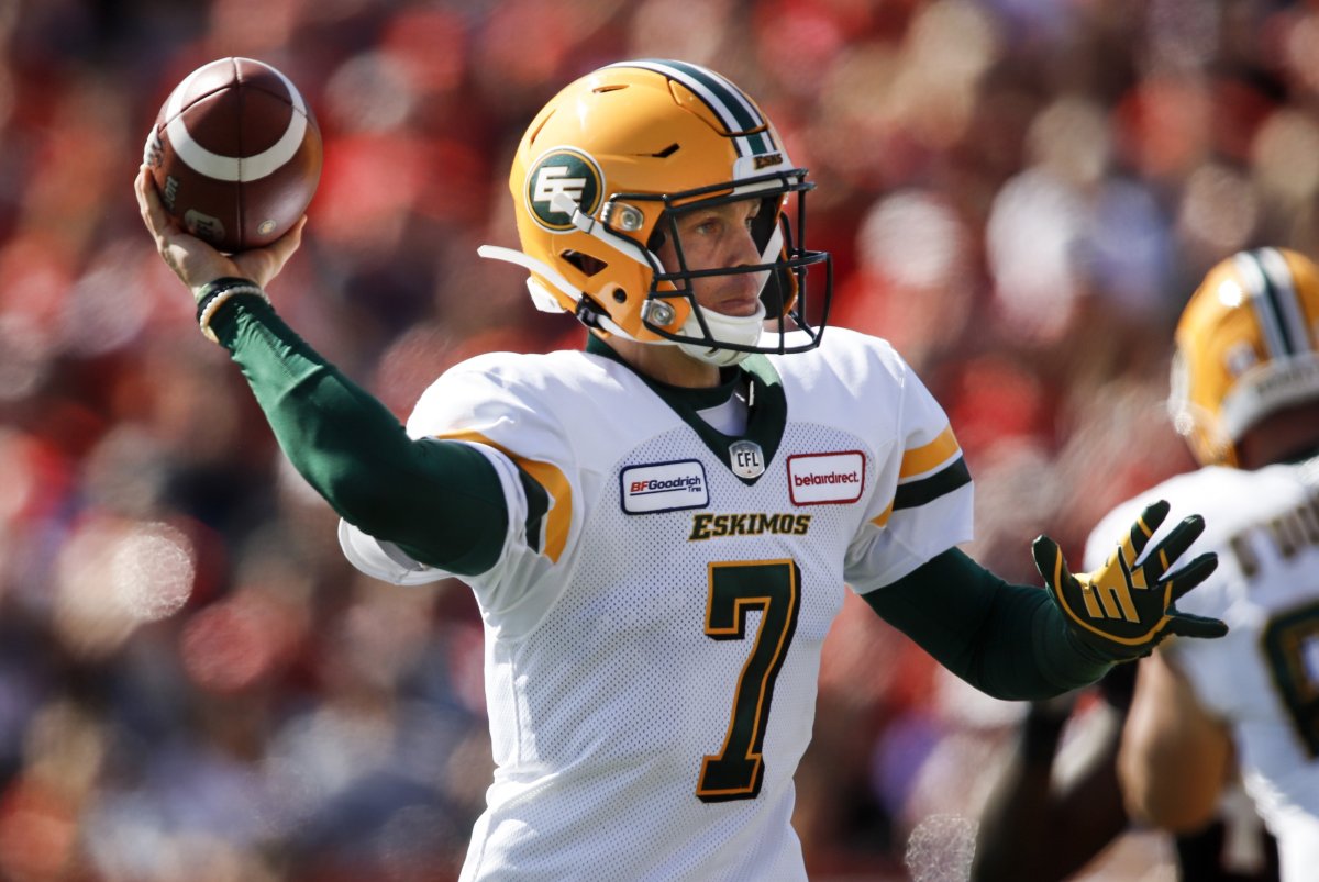 Edmonton Eskimos quarterback Trevor Harris throws the ball during first half CFL football action against the Calgary Stampeders, in Calgary, Monday, Sept. 2, 2019. Harris will miss his second straight game with an upper-body injury tomorrow in Ottawa against the Redblacks. 