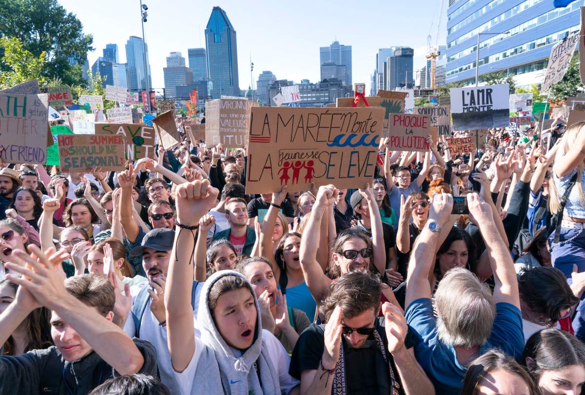 Demonstrators take part in the Climate Strike in Montreal on Friday, Sept. 27, 2019. THE CANADIAN PRESS/Paul Chiasson