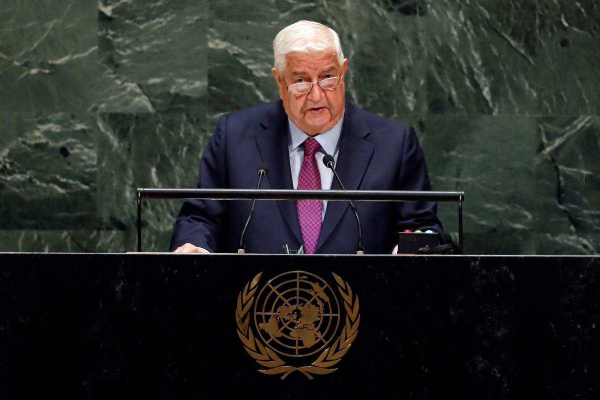 Syria's Deputy Prime Minister Walid Al-Moualem addresses the 74th session of the United Nations General Assembly, Saturday, Sept. 28, 2019. 