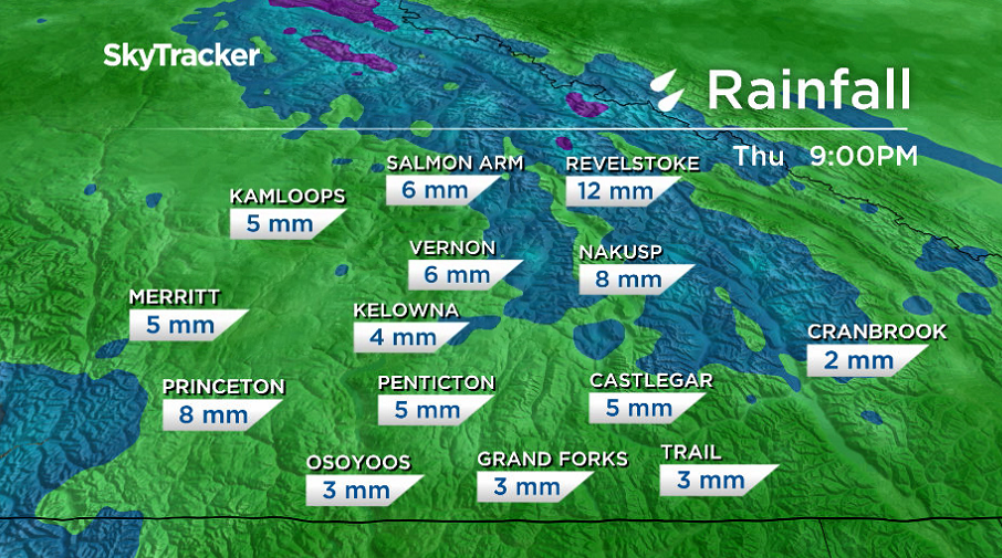 3 to 6 millimetres of rain is possible Wednesday night into Thursday in the Okanagan.