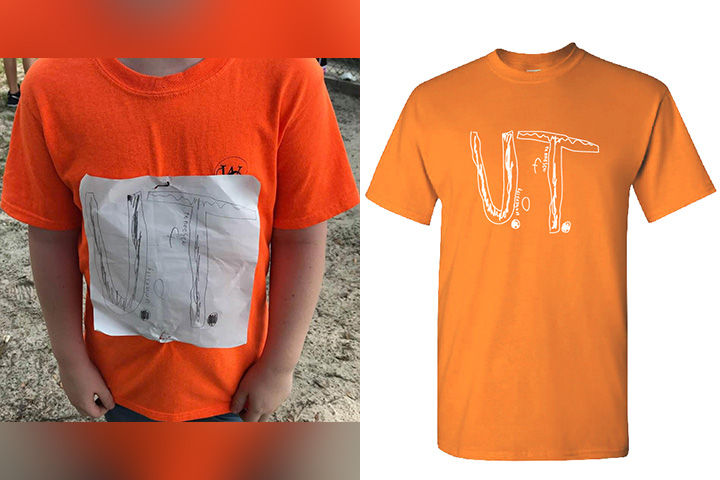 Left: A photo of the homemade shirt from Florida teacher Laura Snyder's Facebook post. Right: The Vols shirt from the University of Tennessee campus store.