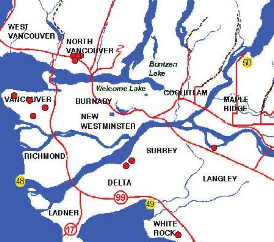A map showing break-and-enter incidents between September and January recorded in Vancouver, North Vancouver, Delta and White Rock.
