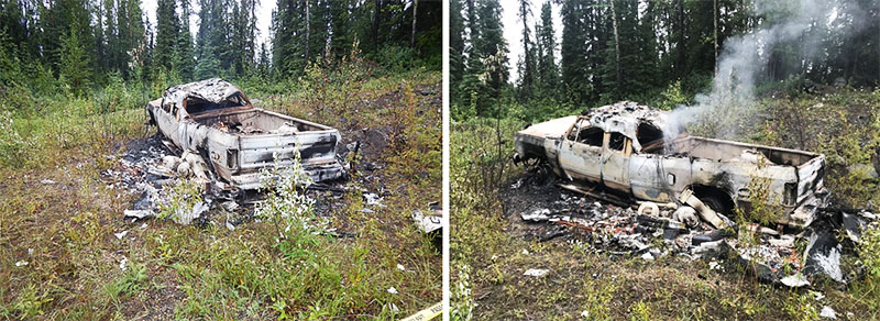 A burnt Dodge pick-up truck registered to Kam McLeod was found near Dease Lake, B.C.