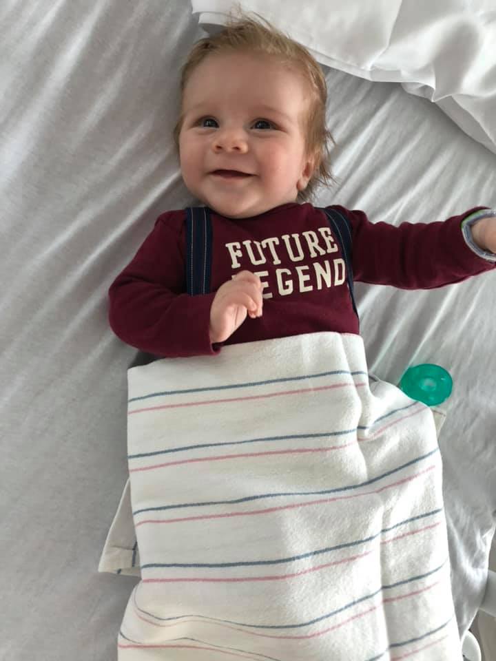 Baby Hudson Cowie, known as “Mighty Hudson” in hospital in Tennessee where he is receiving a new immune system.
