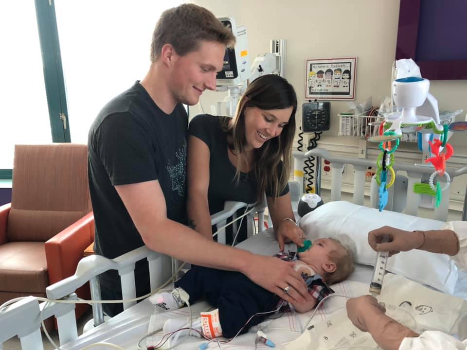 Baby Hudson Cowie, known as “Mighty Hudson” in hospital in Tennessee where he is receiving a new immune system.